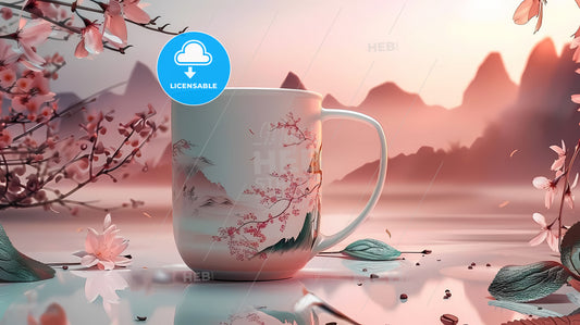 Vibrant Coffee Cup Painting with Mountain River Scene, Green Leaves, Cherry Blossoms, Blue Skies, and Light Tone