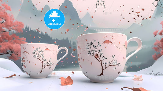 Exquisite Coffee Cup in Spring Landscape with Mountains, Rivers, Green Leaves, Pink Cherry Blossoms, White Cups, Painting, Art
