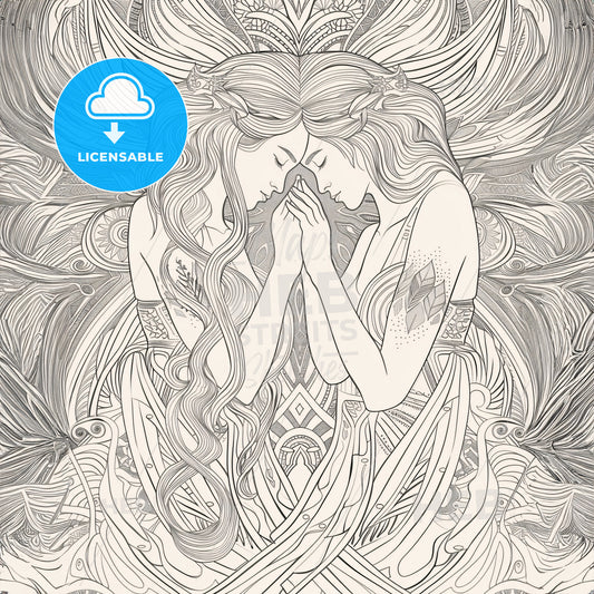 coloring book page - A drawing of two women with long hair