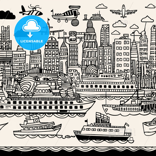 Coloring Book Page - A Drawing Of A City With Ships And Boats