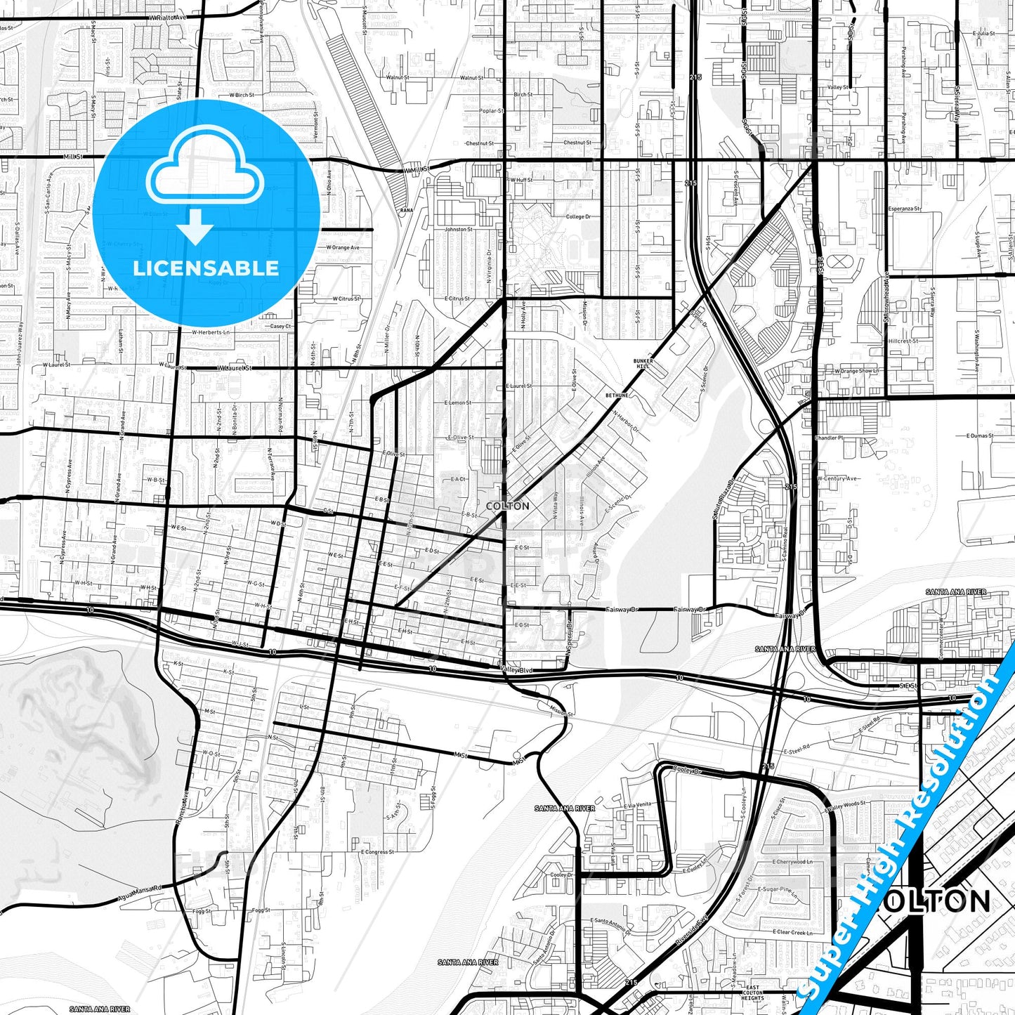 Colton, California Light Map with Street Names, City Names, and Districts