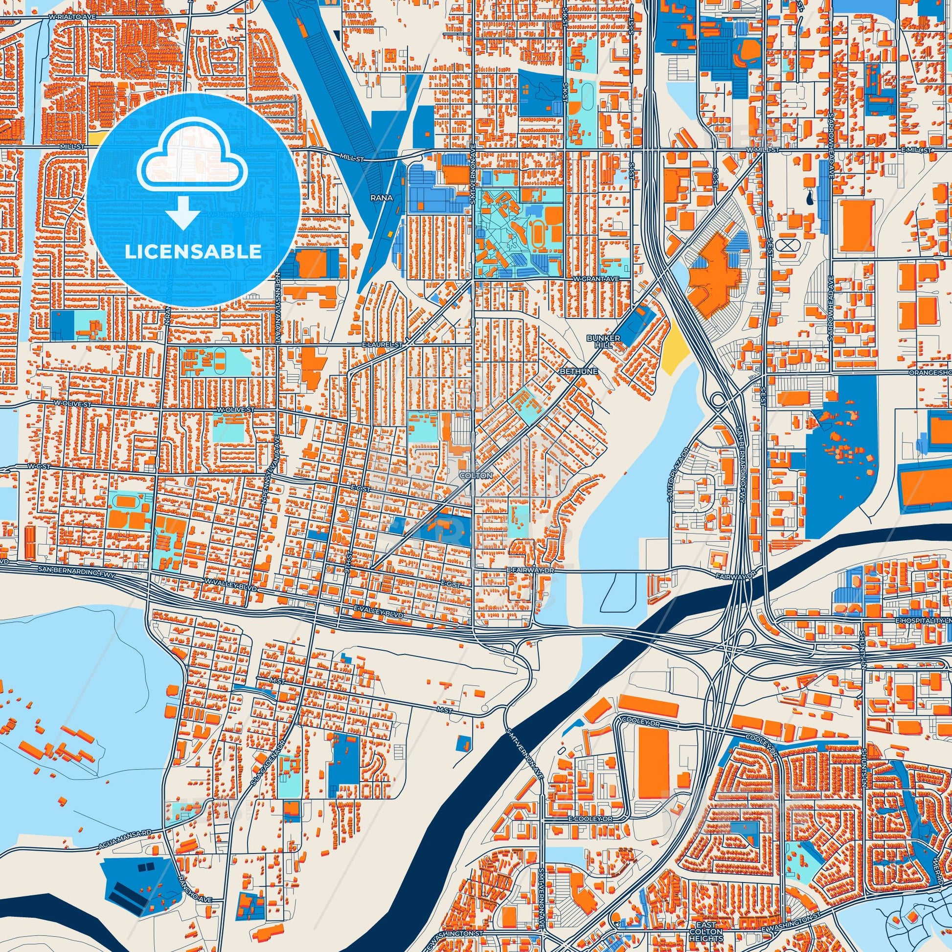Colorful Colton Street Map with Labels and Buildings
