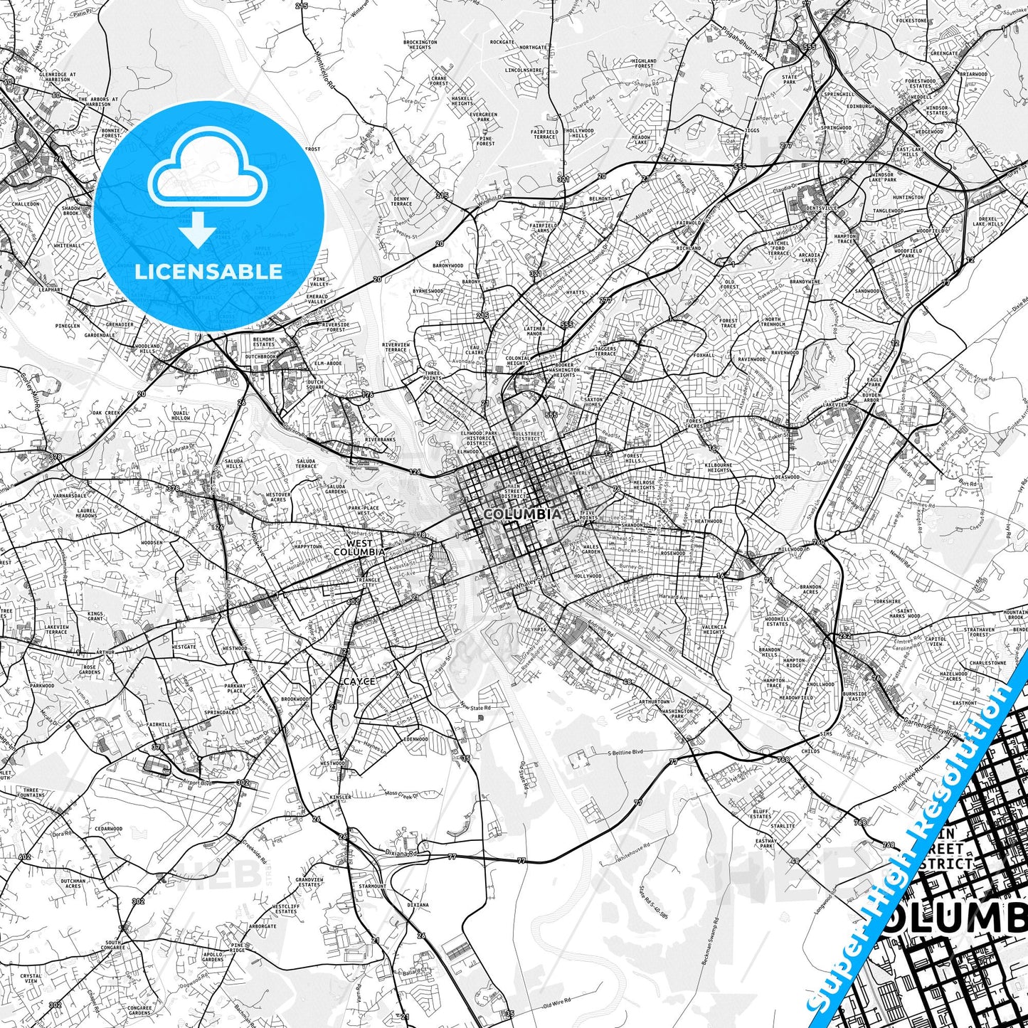 Columbia, South Carolina light map with streetnames, citynames and districts