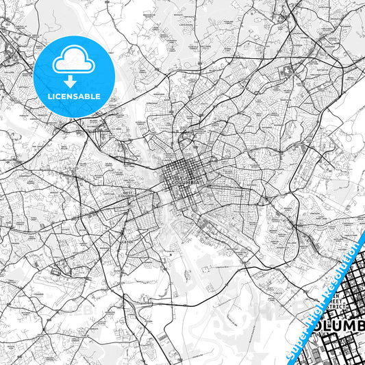 Columbia, South Carolina light map with streetnames, citynames and districts