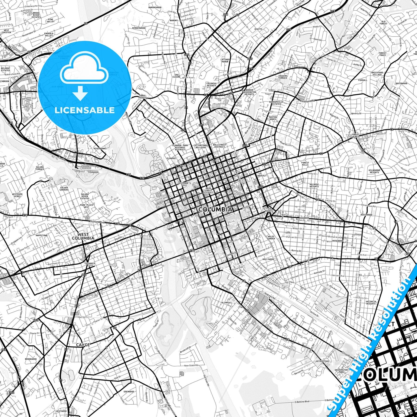 Columbia, South Carolina Light Map with Street Names, City Names, and Districts