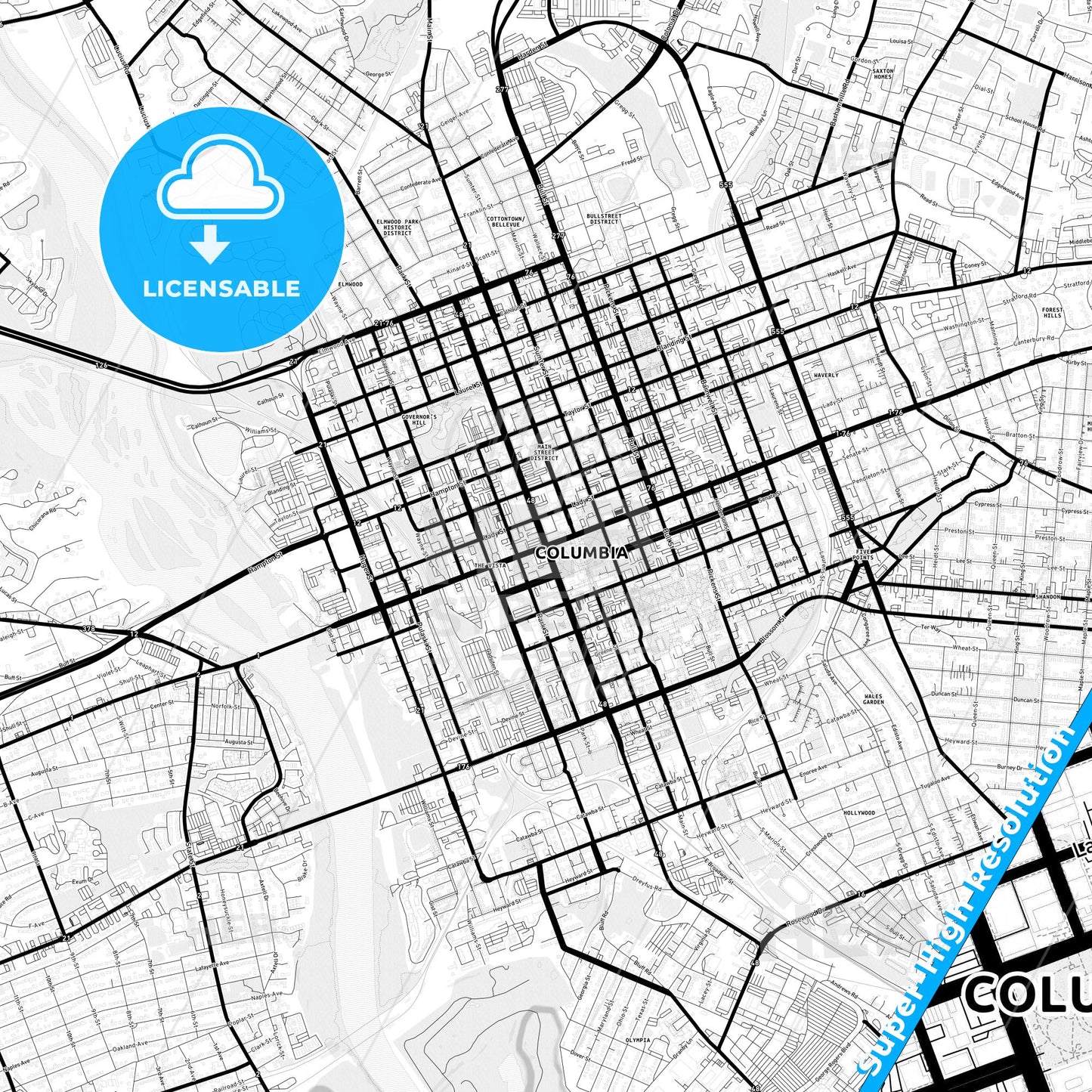Columbia, South Carolina Light Map with Street Names, City Names, and Districts