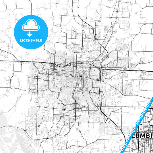 Columbia, Missouri light map with streetnames, citynames and districts