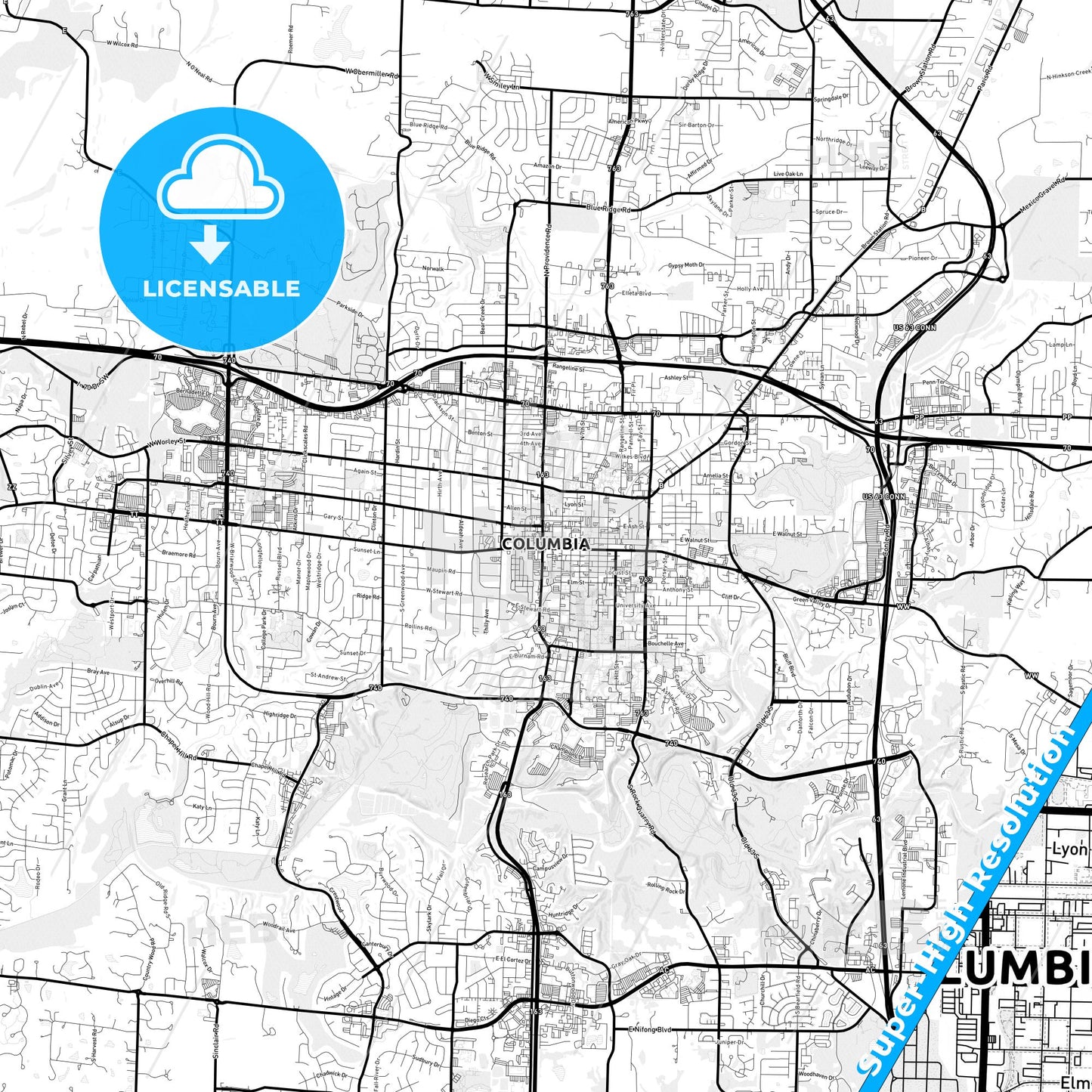 Columbia, Missouri Light Map with Street Names, City Names, and Districts