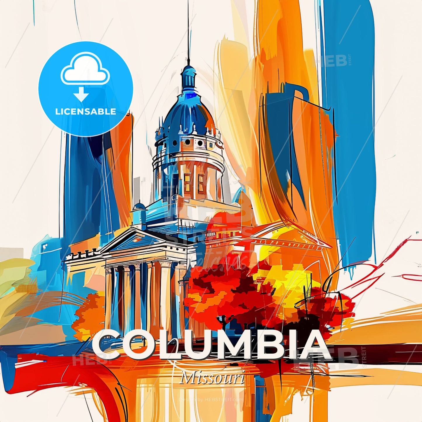 Vibrant Columbia, Missouri - A Painting Of A Building With A Dome And A Tower - Square format print template