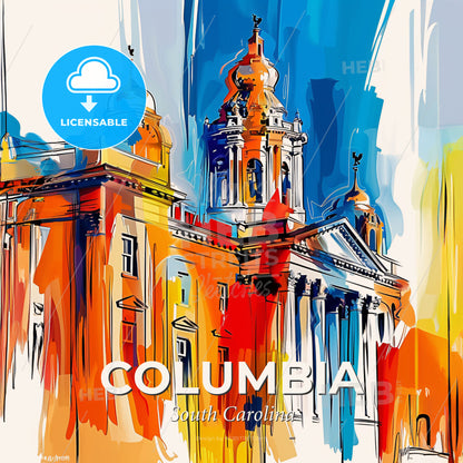 Vibrant Columbia, South Carolina - A Painting Of A Building With A Colorful Background - Square format print template