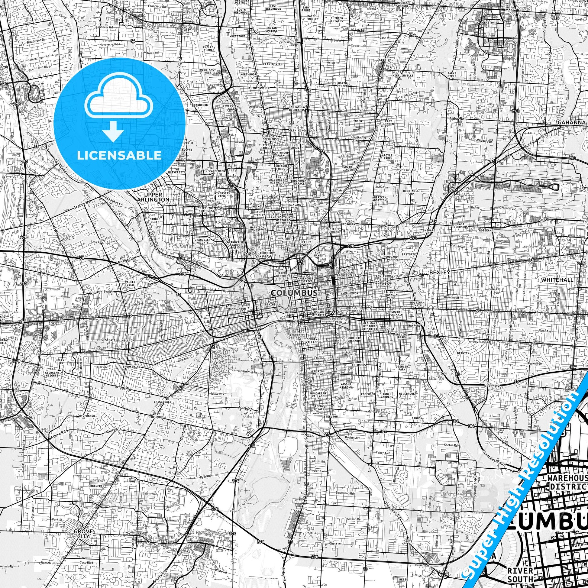 Columbus, Ohio light map with streetnames, citynames and districts