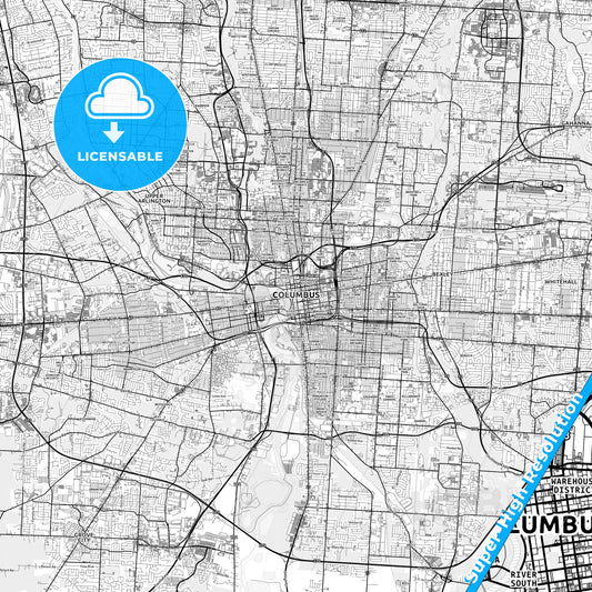 Columbus, Ohio light map with streetnames, citynames and districts