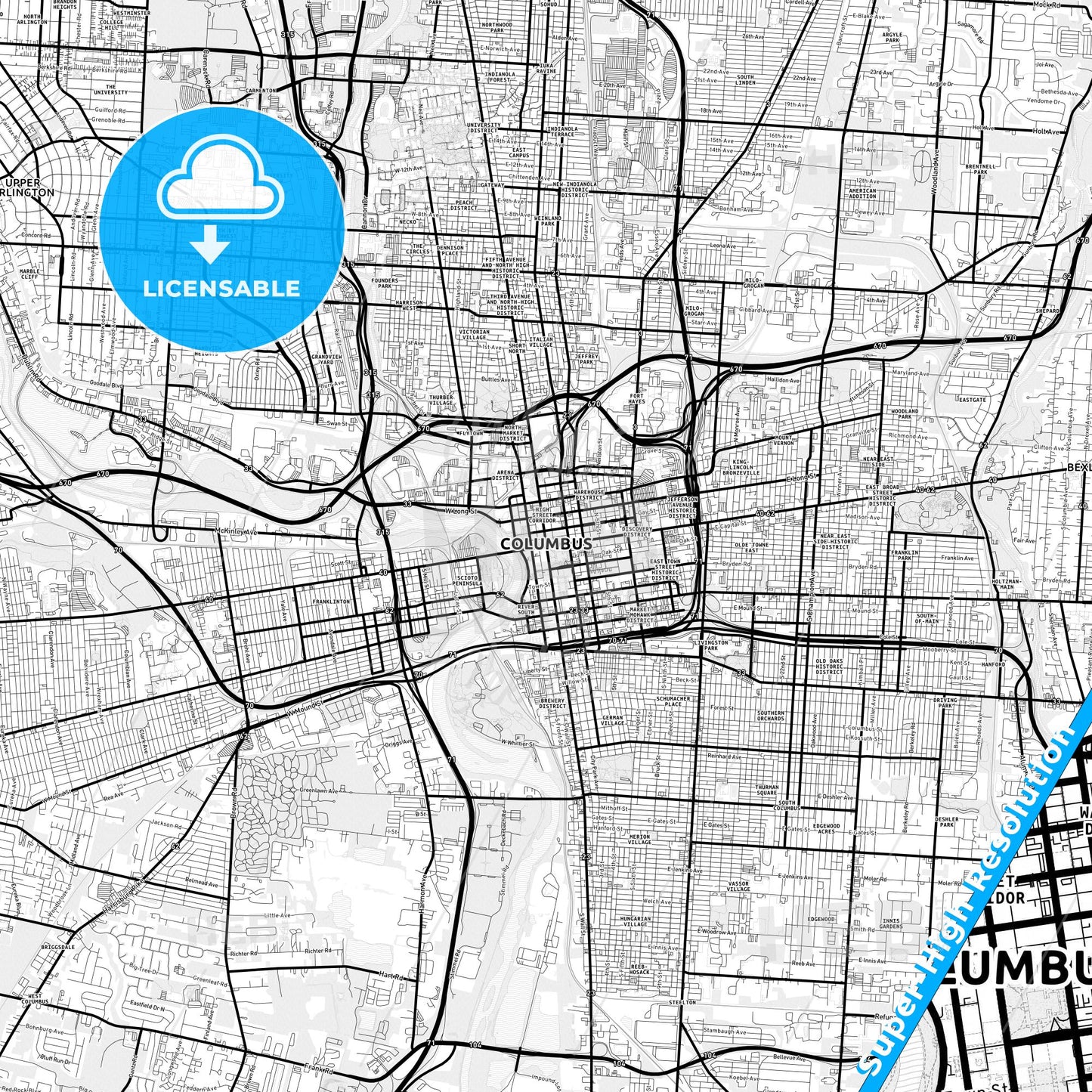 Columbus, Ohio Light Map with Street Names, City Names, and Districts