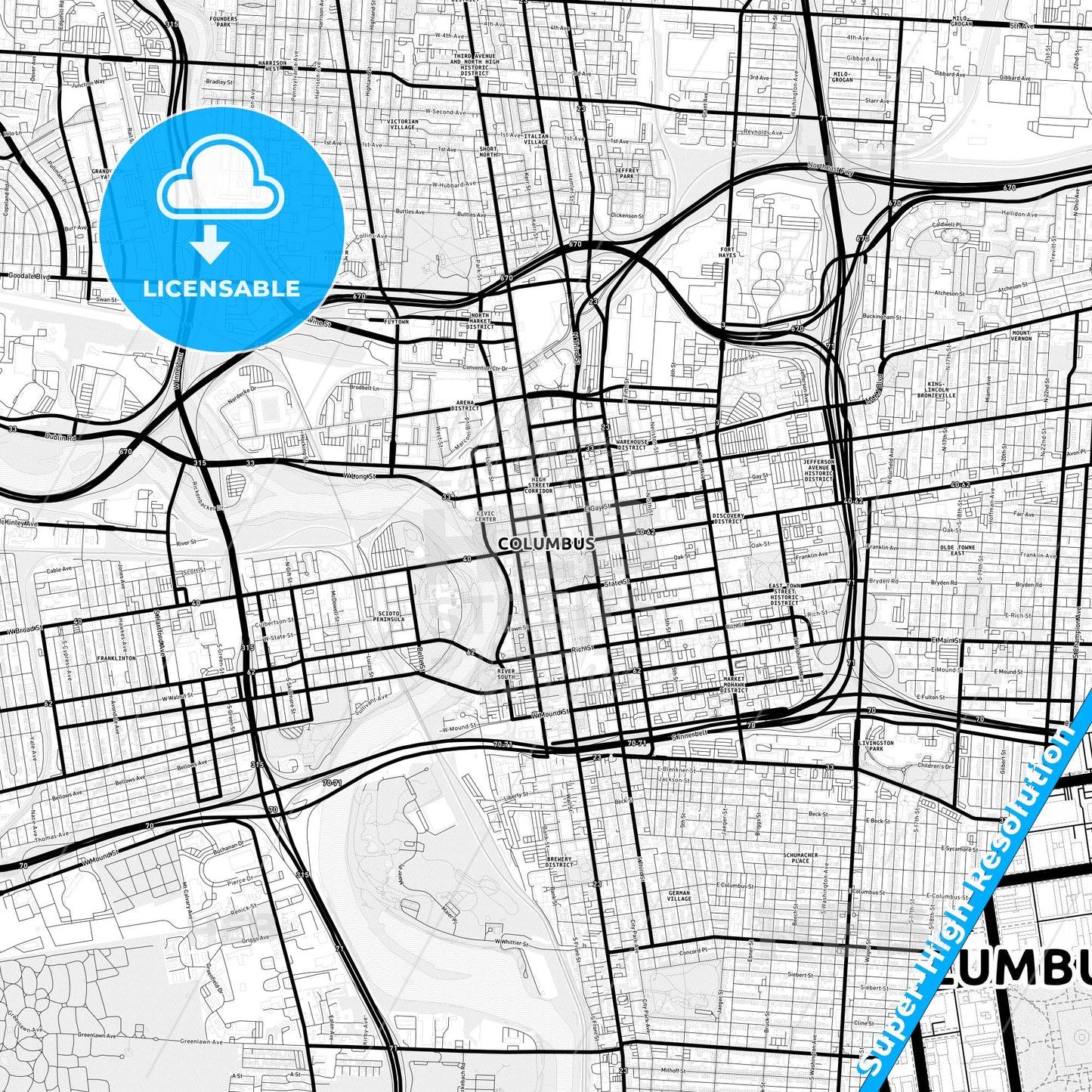 Columbus, Ohio Light Map with Street Names, City Names, and Districts