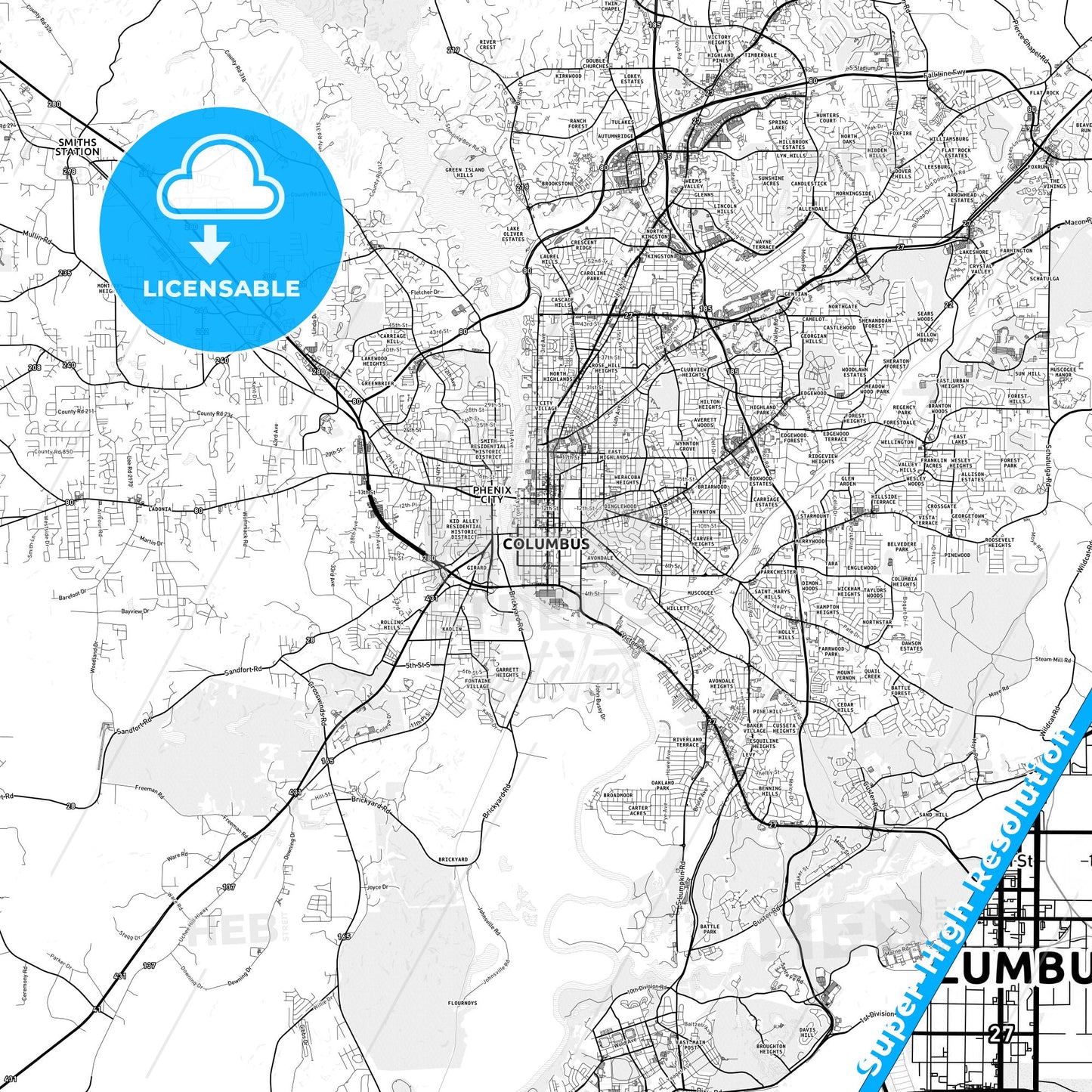 Columbus, Georgia light map with streetnames, citynames and districts