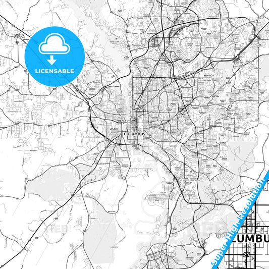 Columbus, Georgia light map with streetnames, citynames and districts