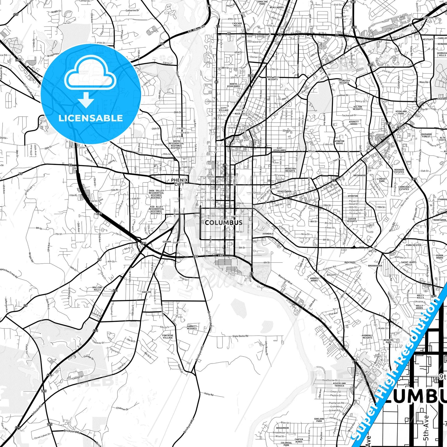 Columbus, Georgia Light Map with Street Names, City Names, and Districts