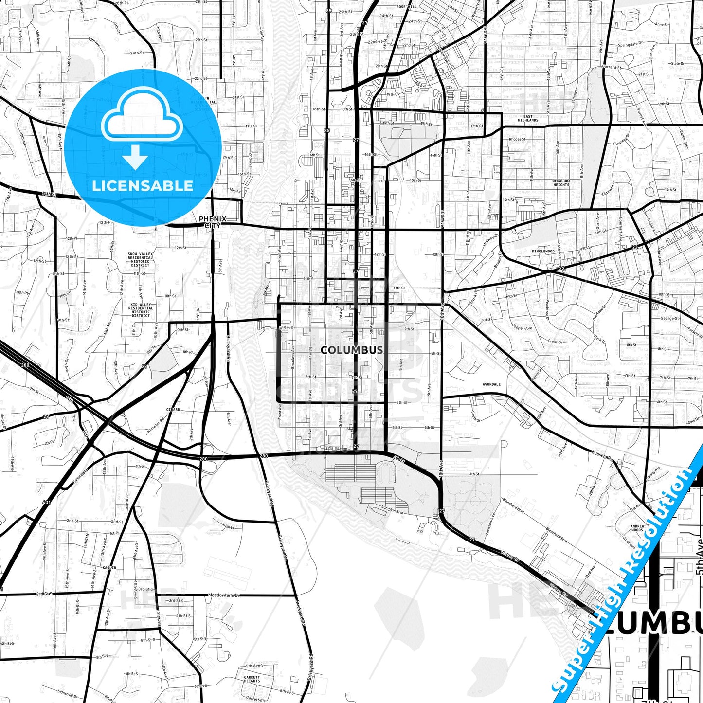 Columbus, Georgia Light Map with Street Names, City Names, and Districts