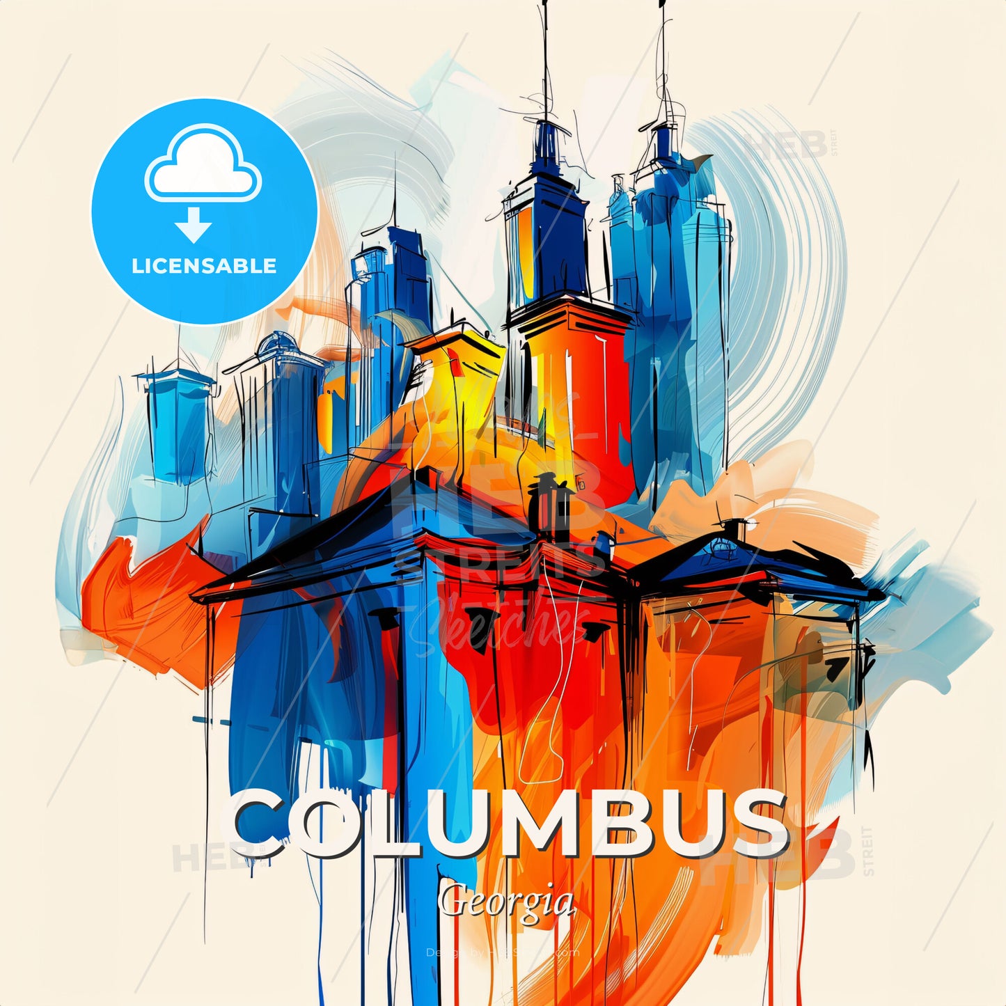 Vibrant Columbus, Georgia - A Painting Of A Building With Towers - Square format print template
