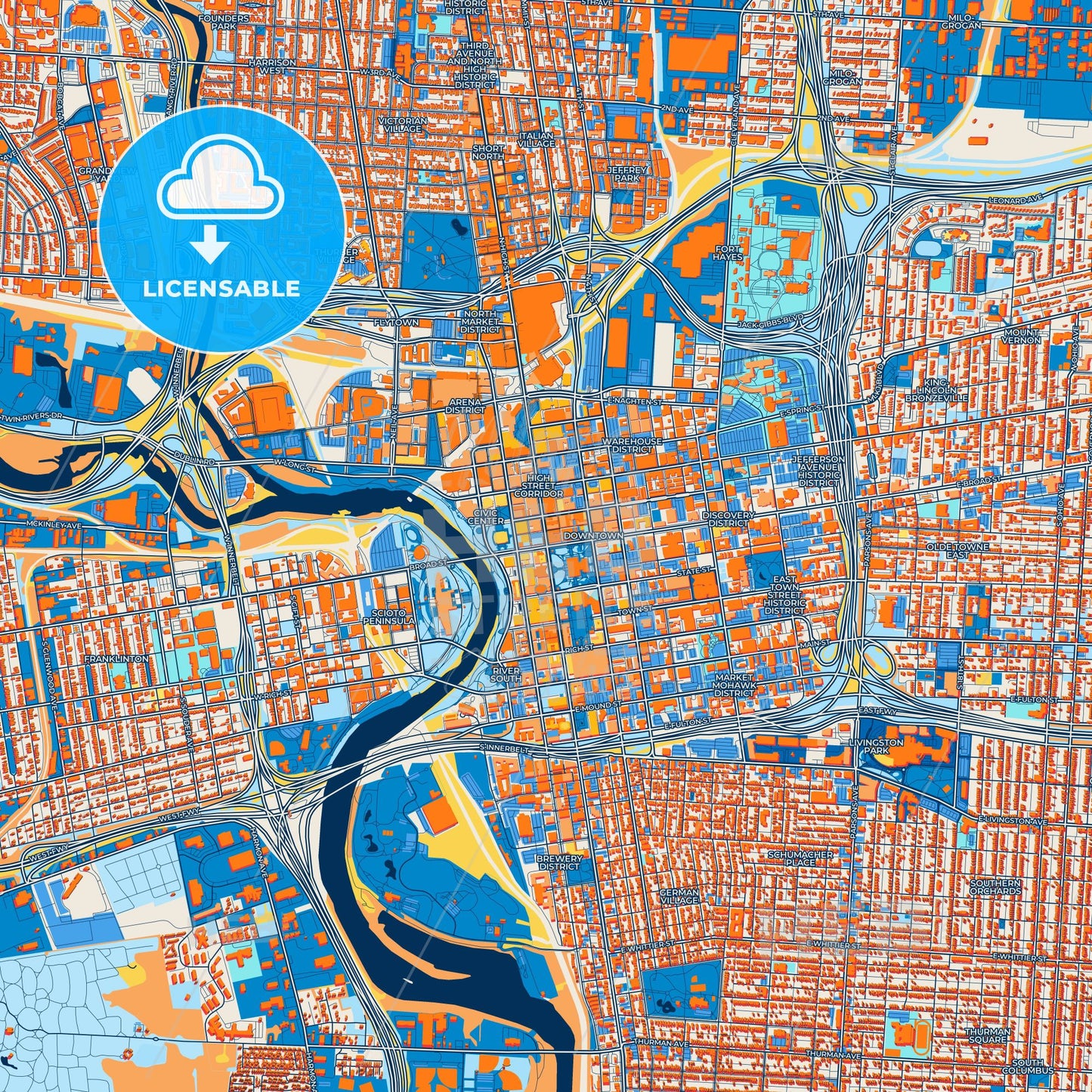 Colorful Columbus Street Map with Labels and Buildings