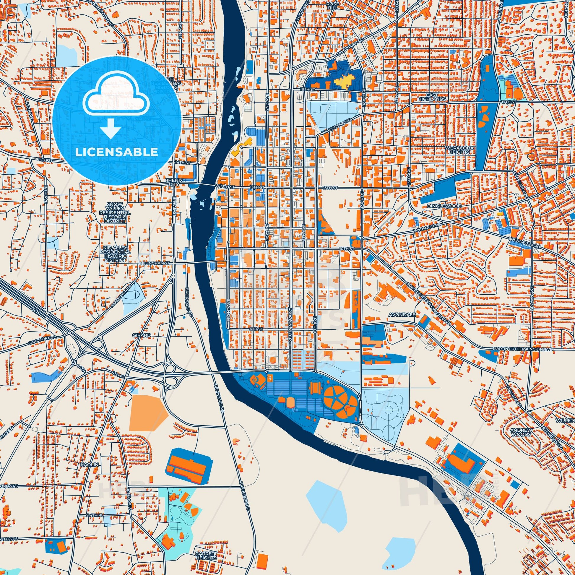 Colorful Columbus Street Map with Labels and Buildings