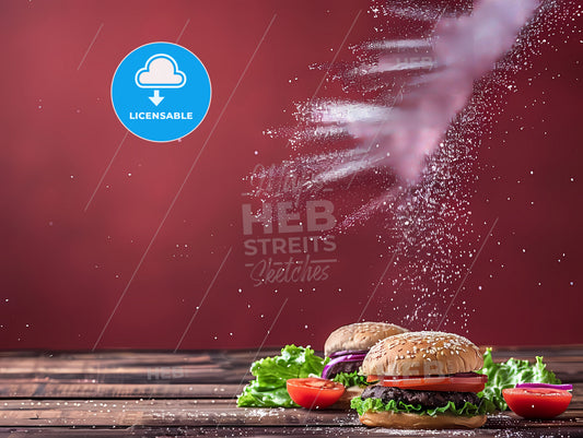 Abstract Artistic Burger Column Fastfood Interior Painting With Salt And Vegetables Red Background