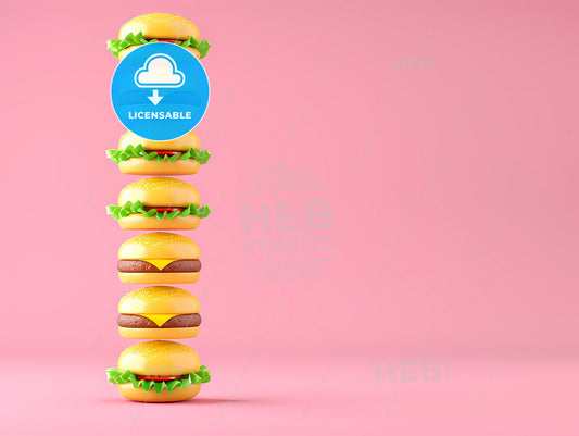 Artistic Burger Column, Red Background, Fastfood Interior, Vibrant Painting, Contemporary Art