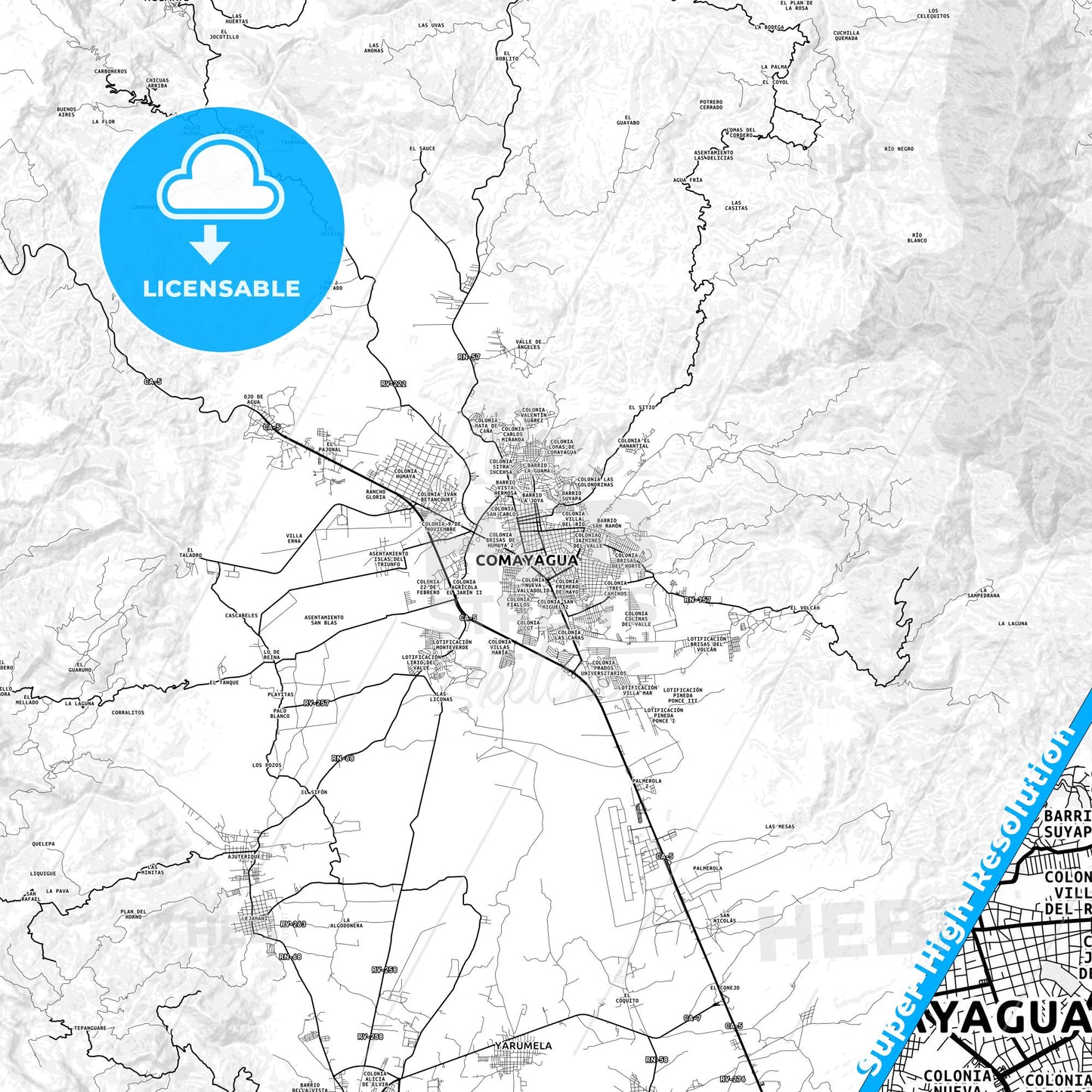 Comayagua, Honduras light map with streetnames, citynames and districts