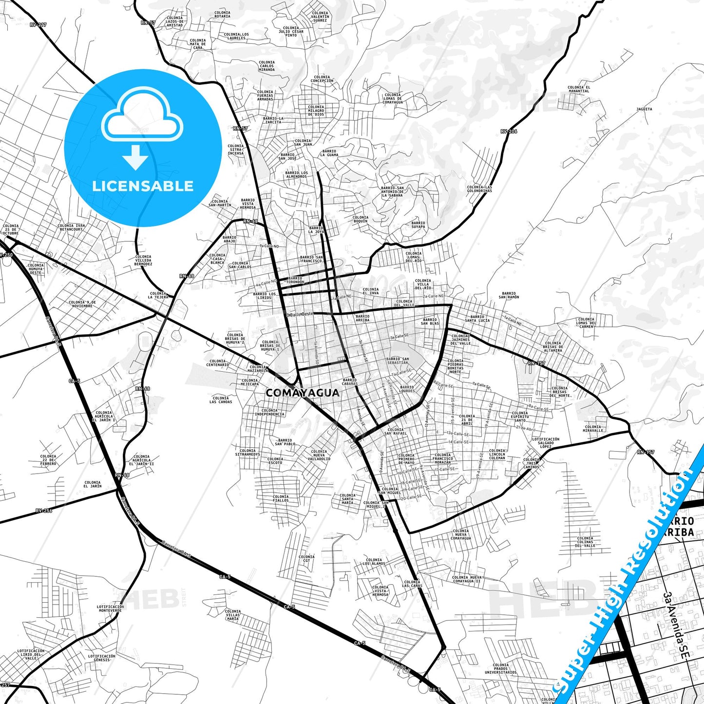 Comayagua, Honduras Light Map with Street Names, City Names, and Districts