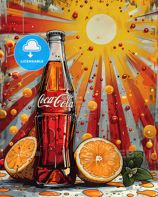 Pop Art Still Life: Dynamic Overhead Scene with Cola, Oranges, and Sun