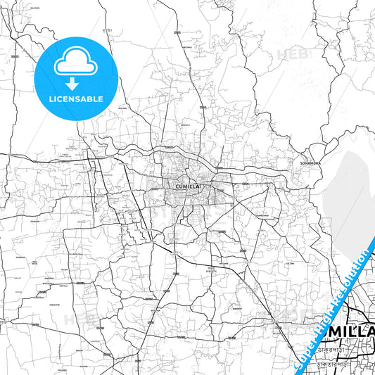 Comilla, Bangladesh light map with streetnames, citynames and districts