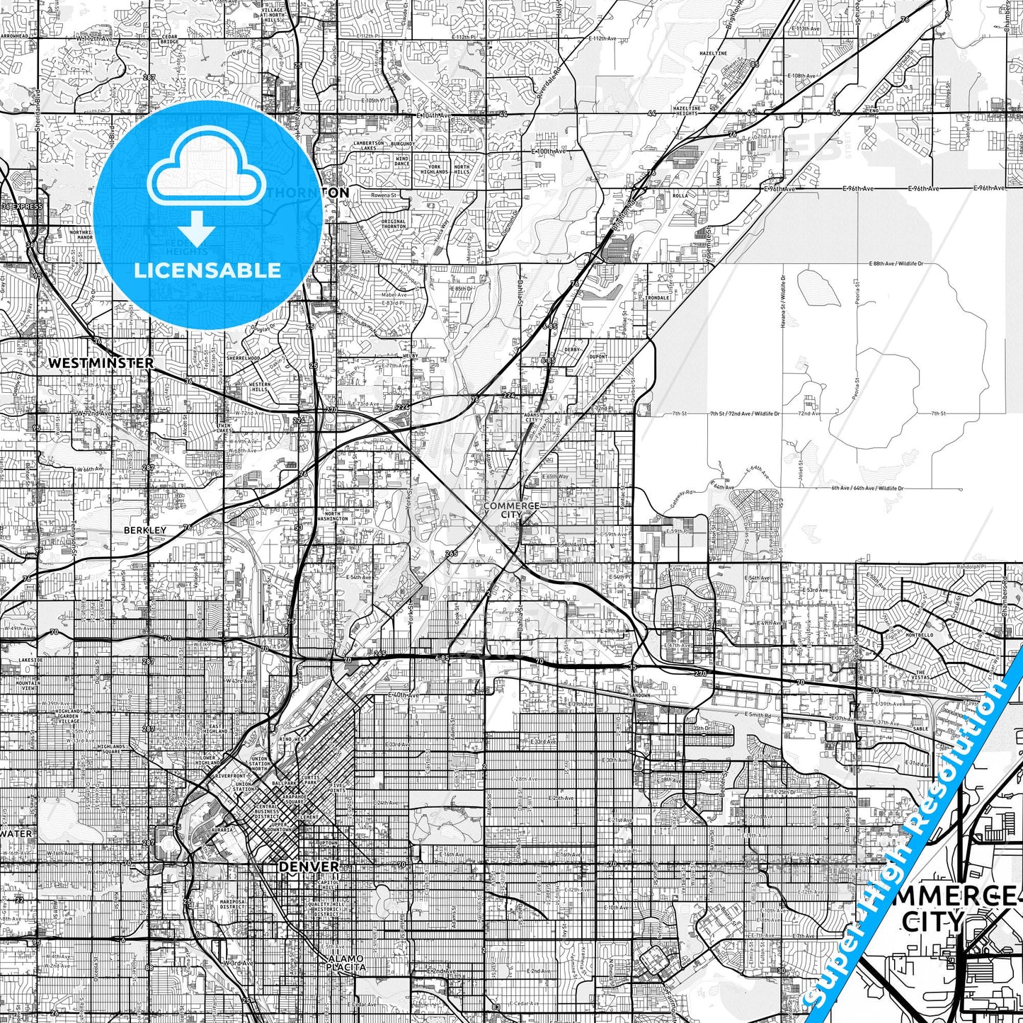 Commerce City, Colorado light map with streetnames, citynames and districts