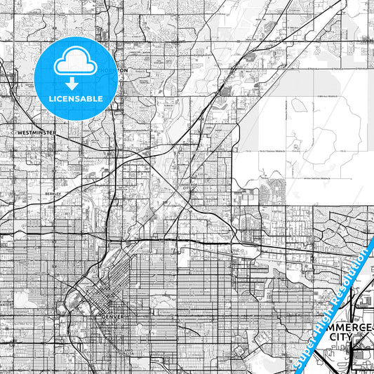 Commerce City, Colorado light map with streetnames, citynames and districts