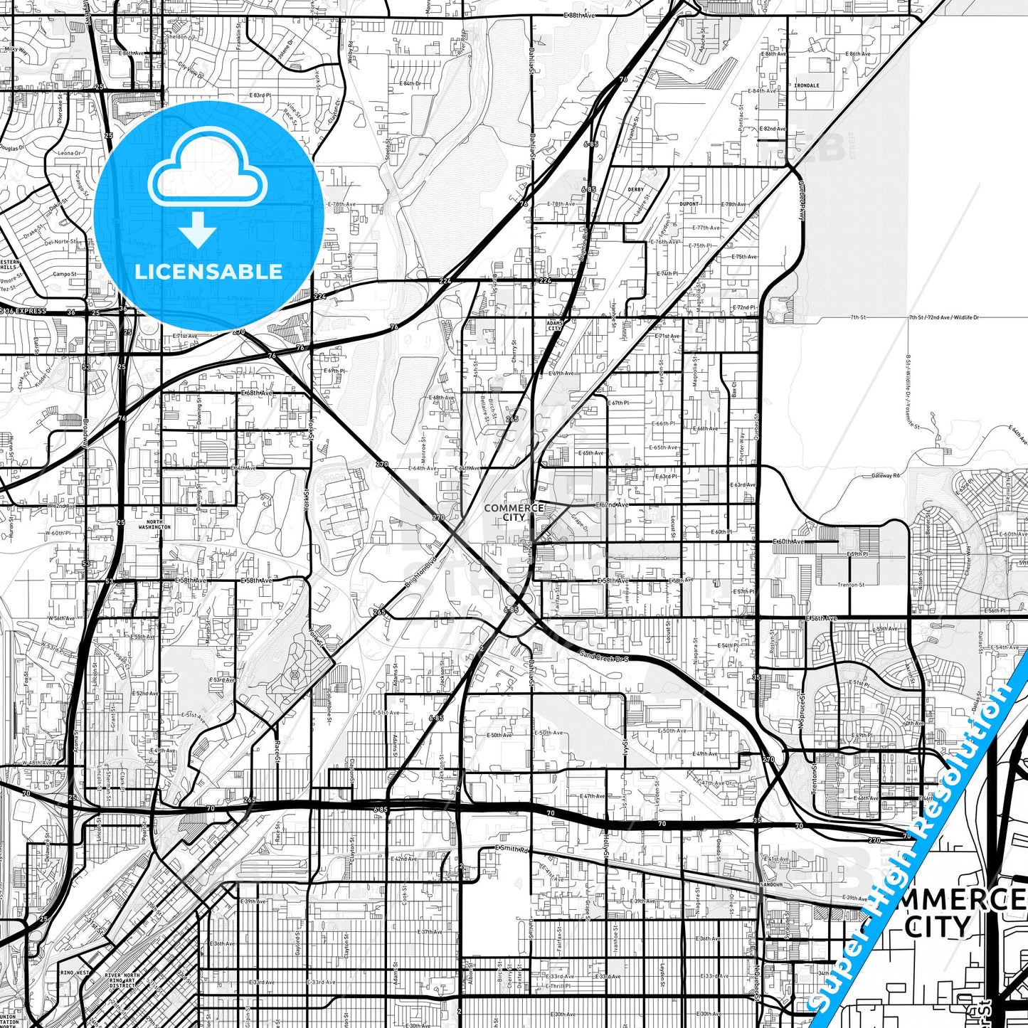 Commerce City, Colorado Light Map with Street Names, City Names, and Districts