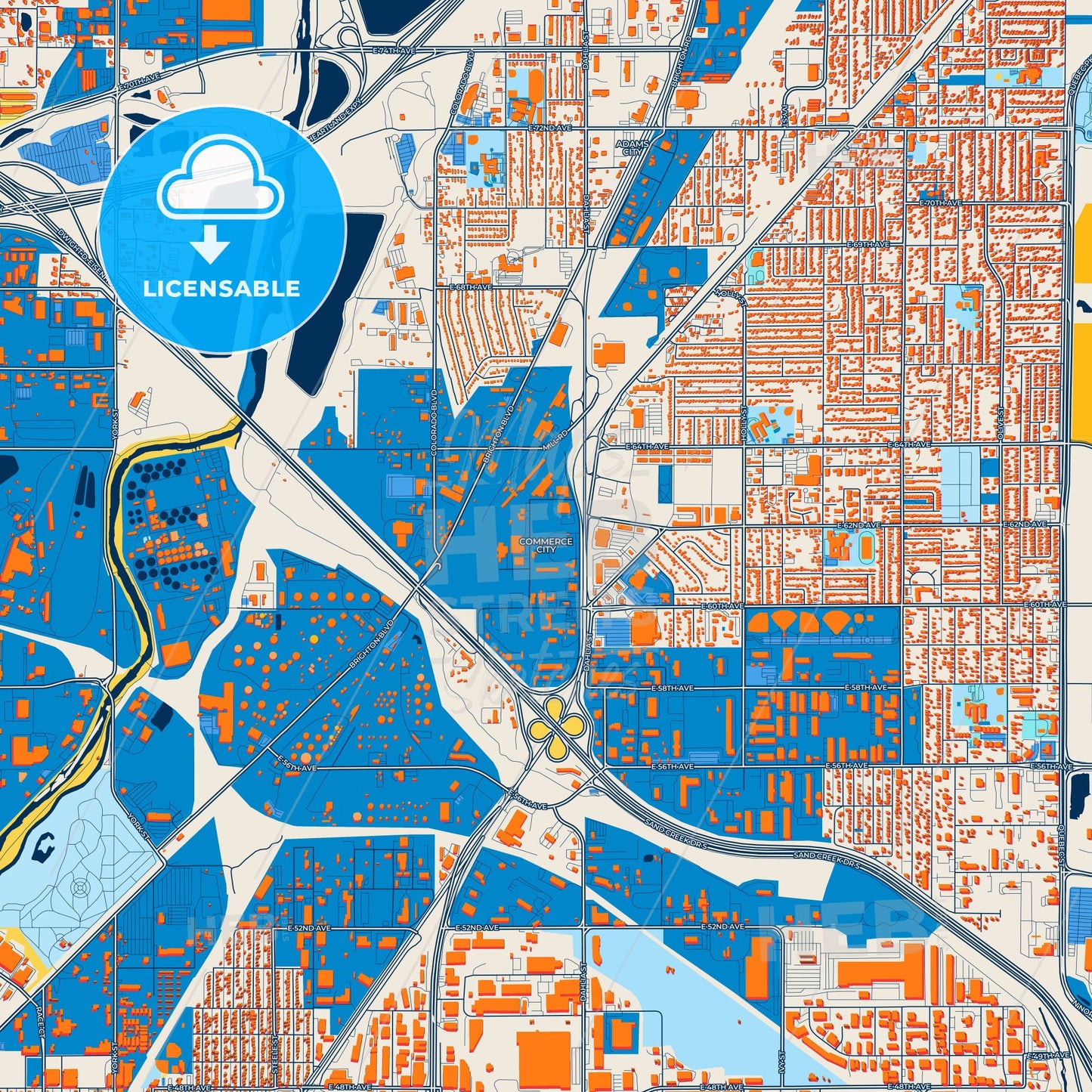 Colorful Commerce City Street Map with Labels and Buildings