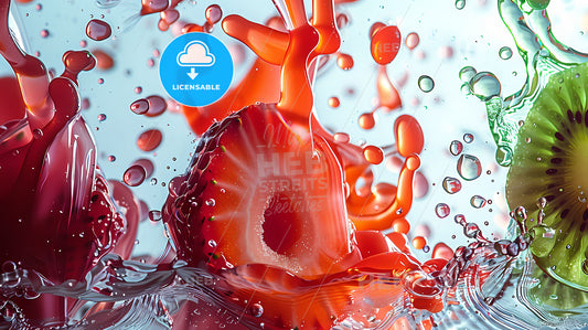 Minimalist Art: Vibrant Liquid Gradient Splash with Strawberry and Kiwi Floating in Air, White Background