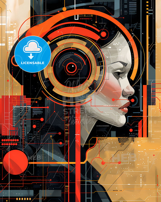 Post-War Italian Style Technology Company Poster with Geometric Woman and Headphone