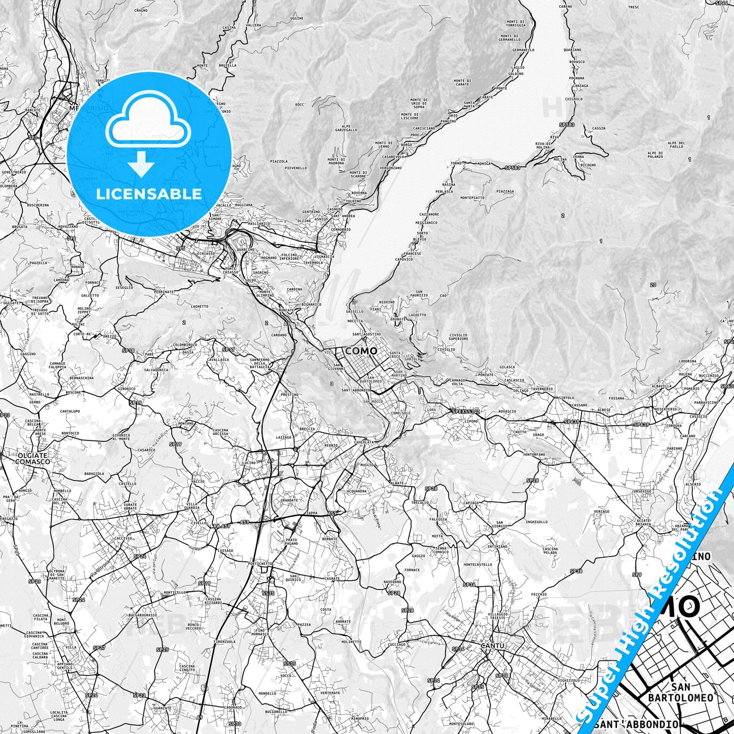 Como, Italy light map with streetnames, citynames and districts