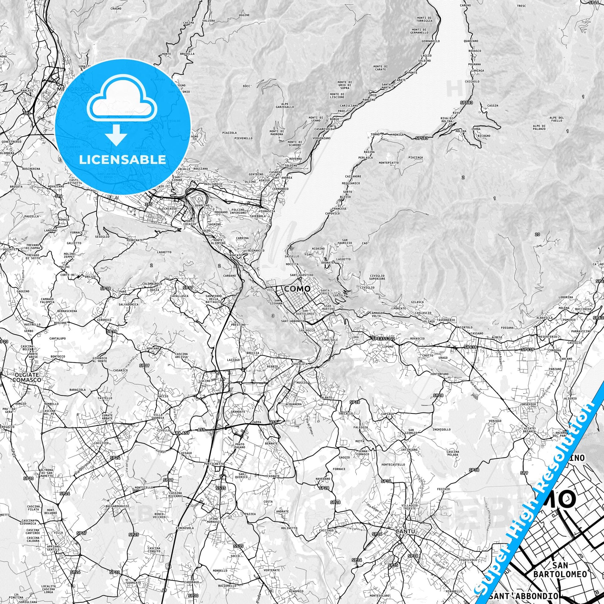 Como, Italy light map with streetnames, citynames and districts