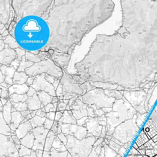 Como, Italy light map with streetnames, citynames and districts