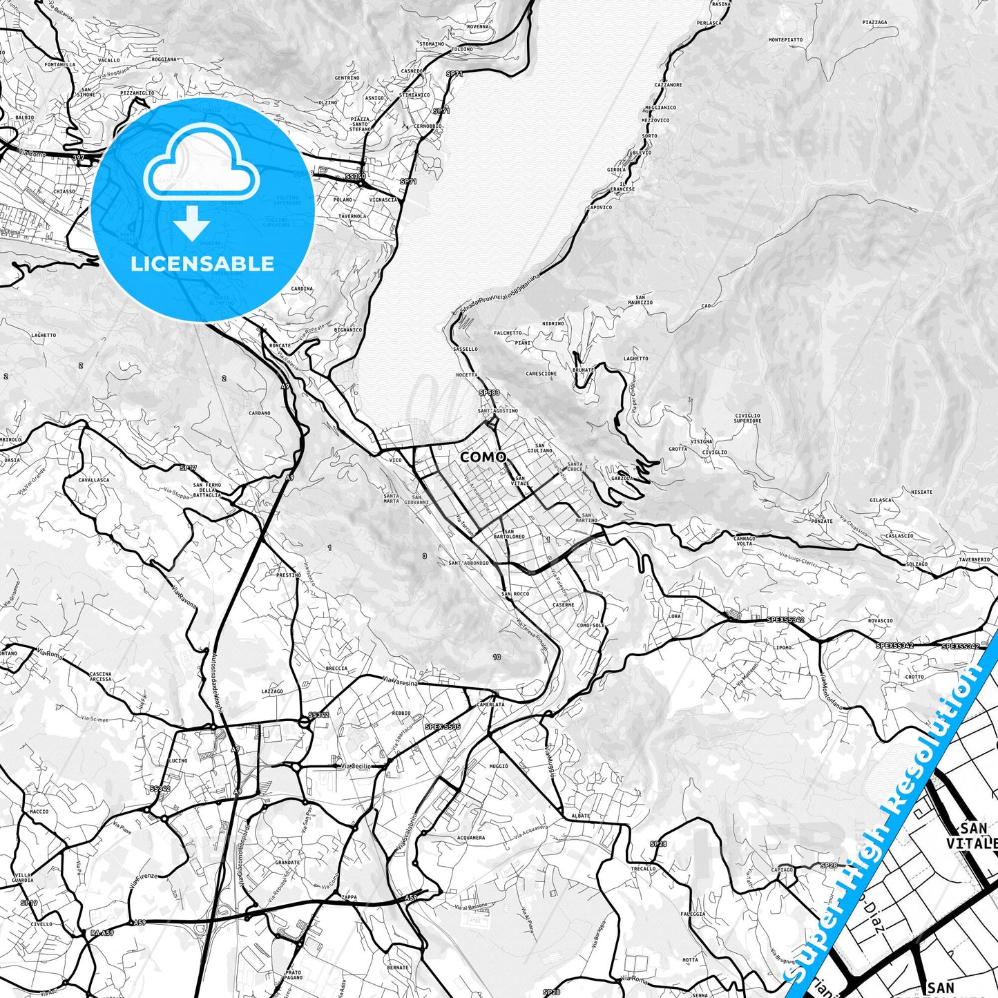 Como, Italy Light Map with Street Names, City Names, and Districts
