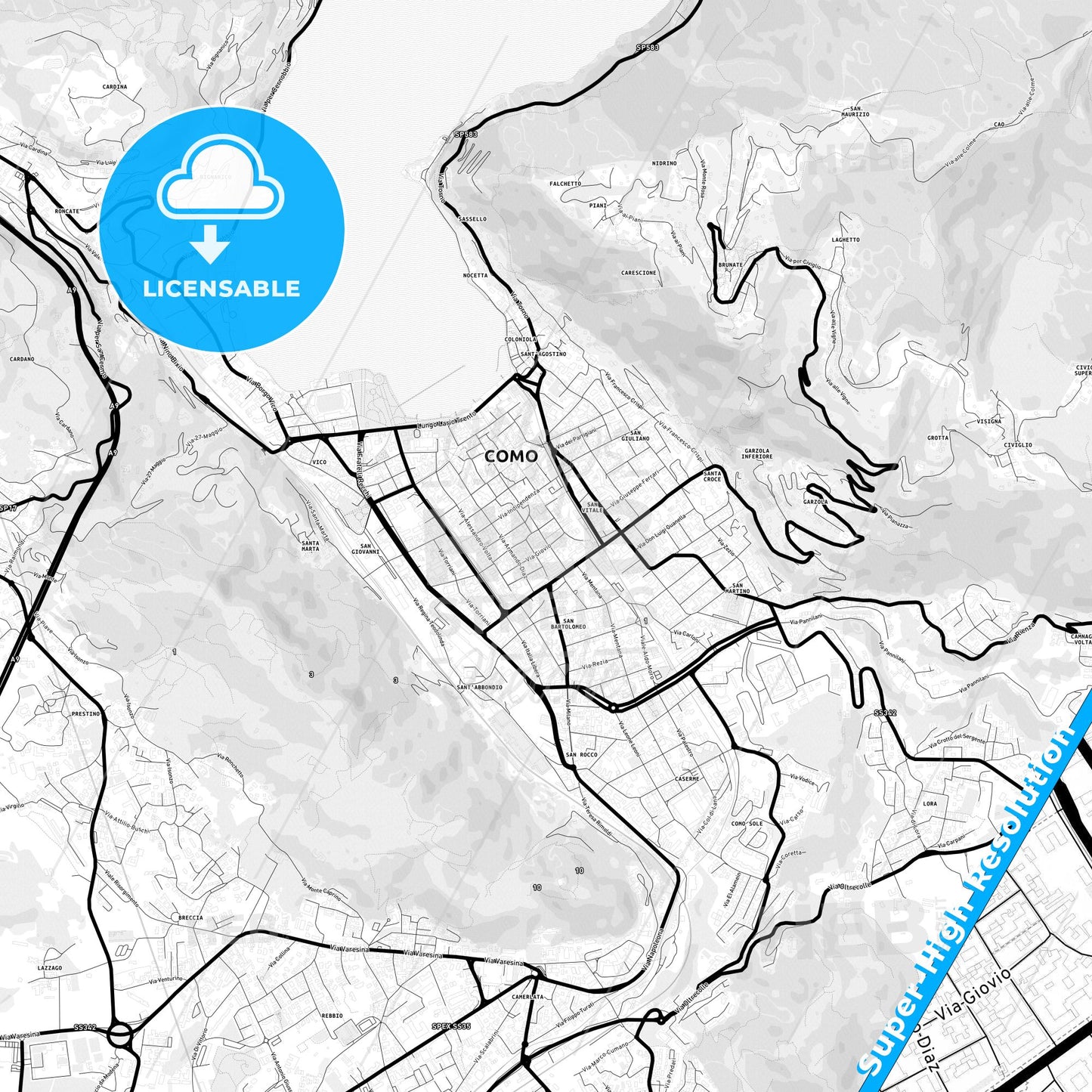 Como, Italy Light Map with Street Names, City Names, and Districts