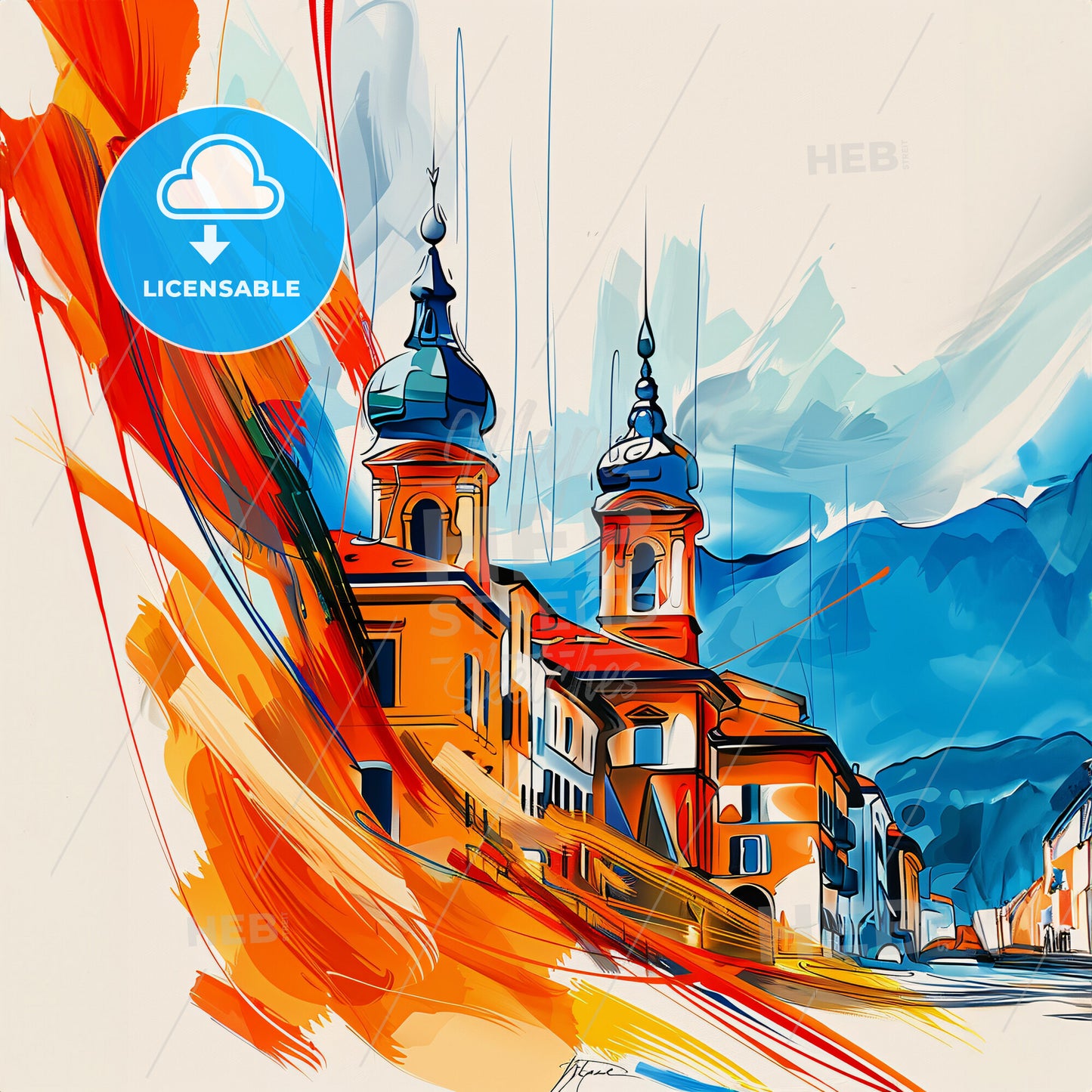 Vibrant Como, Italy - A Painting Of A Skyline With A Colorful Building