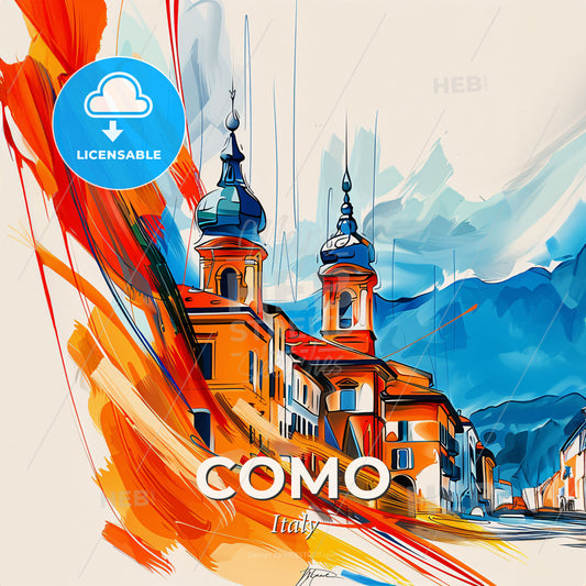 Vibrant Como, Italy - A Painting Of A Skyline With A Colorful Building - Square format print template