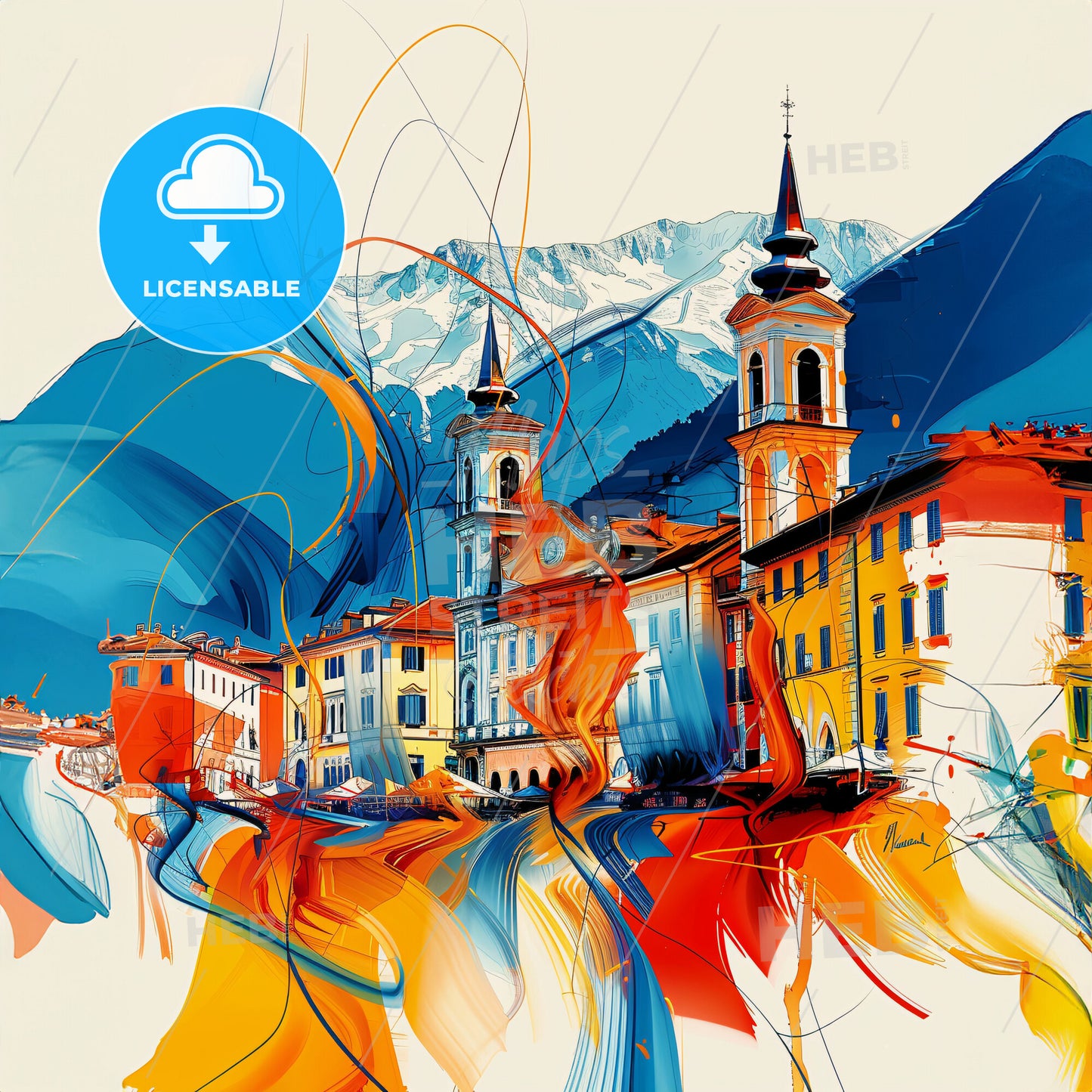 Vibrant Como, Italy - A Colorful Painting Of Buildings And Mountains