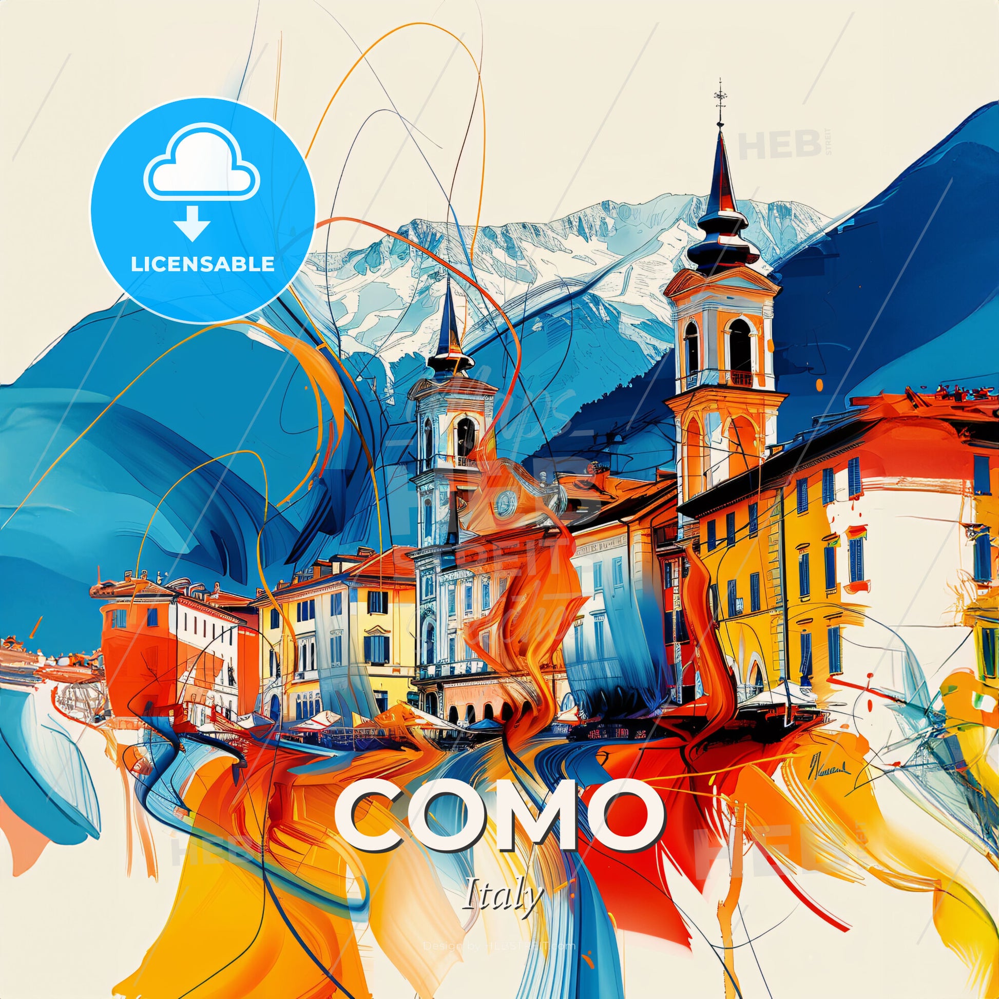 Vibrant Como, Italy - A Colorful Painting Of Buildings And Mountains - Square format print template