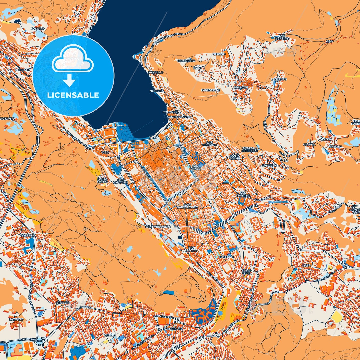 Colorful Como Street Map with Labels and Buildings