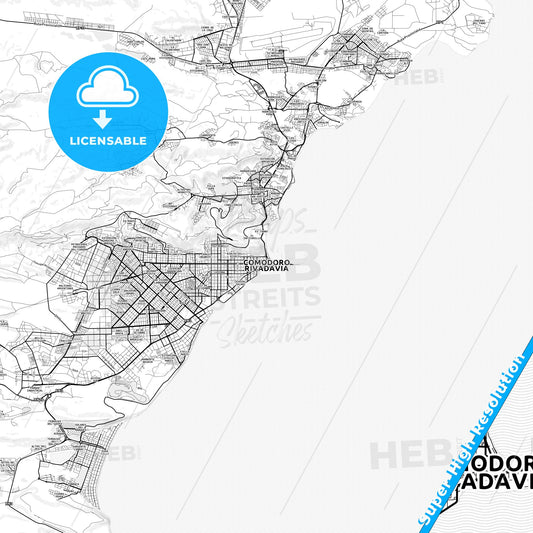 Comodoro Rivadavia, Argentina light map with streetnames, citynames and districts