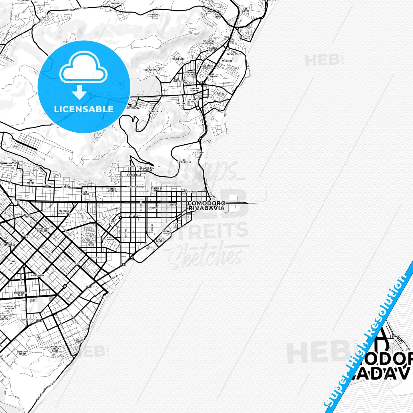 Comodoro Rivadavia, Argentina Light Map with Street Names, City Names, and Districts
