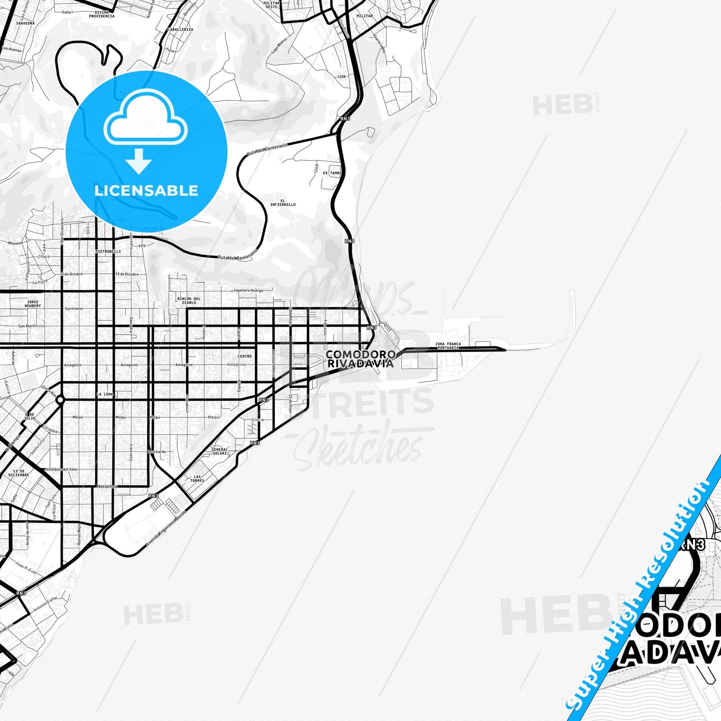 Comodoro Rivadavia, Argentina Light Map with Street Names, City Names, and Districts